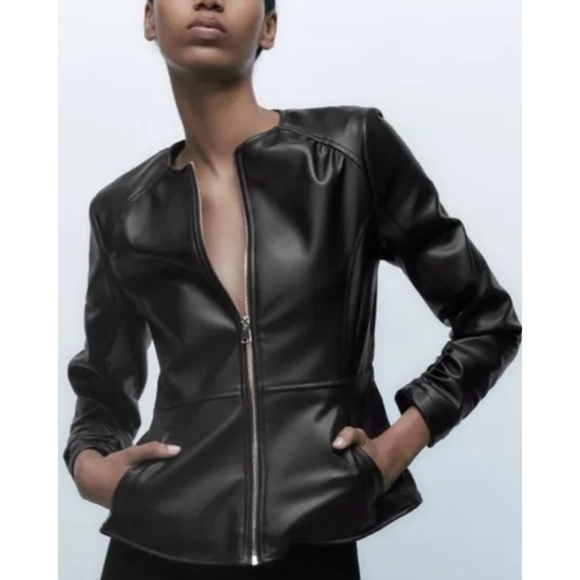 Zara Jackets & Blazers - •Zara• Cinched Sleeve Tailored Faux Leather Jacket